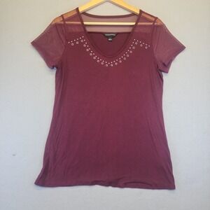 Rock & Republic Burgundy Studded Mesh V-Neck Top Short Sleeve Grommet Edgy Large